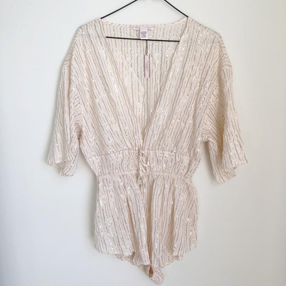 **NEW** Victoria's Secret Tan & Cream Romper Swim Coverup Summer Fashion - Picture 1 of 6